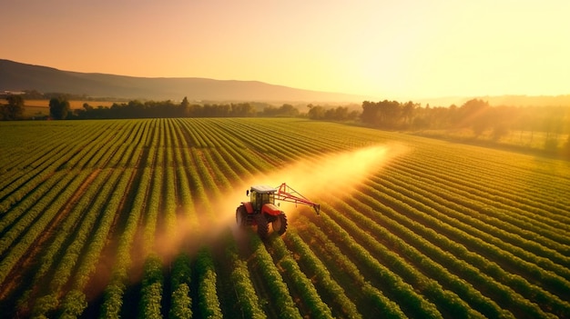 Vista aerea del trattore che spruzza pesticidi sulla piantagione di soia verde al tramonto Vista drone Illustratore AI generativa