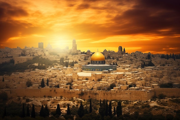 Vista aerea dell'alba dietro la cupola di roccia e la città vecchia di Gerusalemme Israele Palestina