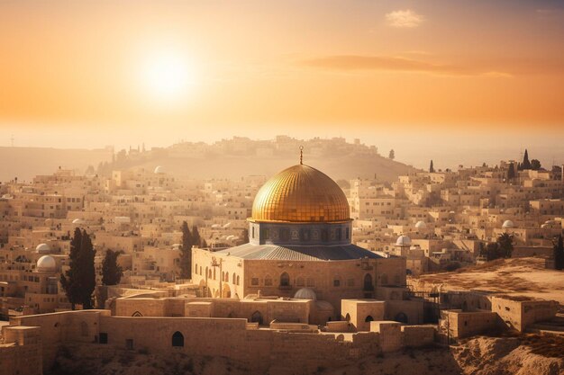 Vista aerea dell'alba dietro la cupola di roccia e la città vecchia di Gerusalemme Israele Palestina