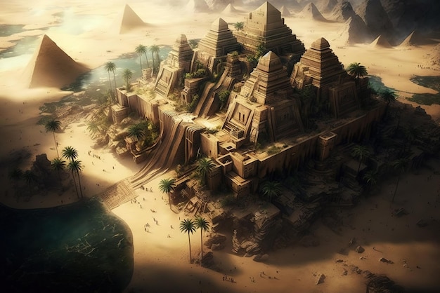 Vista aerea dell'antica piramide egizia con archi e cascate fluviali in una zona desertica