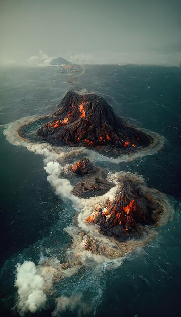 Vista aerea dell'arcipelago delle isole dell'atollo delle piccole eruzioni nell'illustrazione 3D dell'oceano