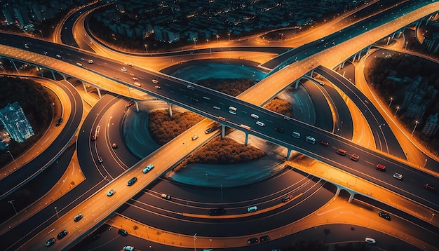 Vista aerea dell'autostrada e del cavalcavia di interscambio cittadino IA generativa