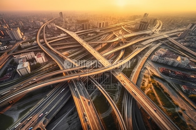 Vista aerea dell'autostrada e del paesaggio urbano al tramonto a Shanghai, in Cina