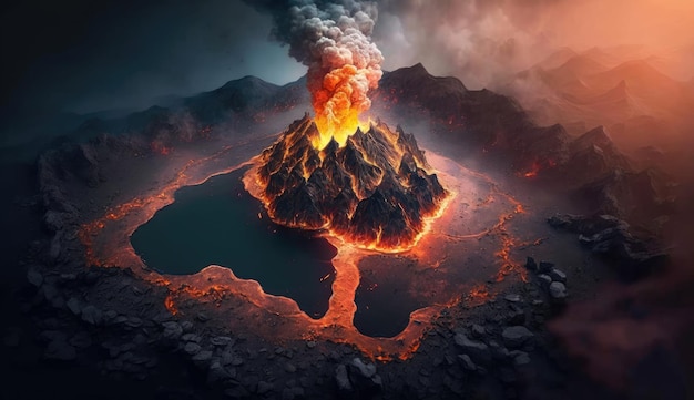 Vista aerea dell'eruzione del vulcano con lava che scorre su sfondo di montagna rocciosa magma Generativo ai