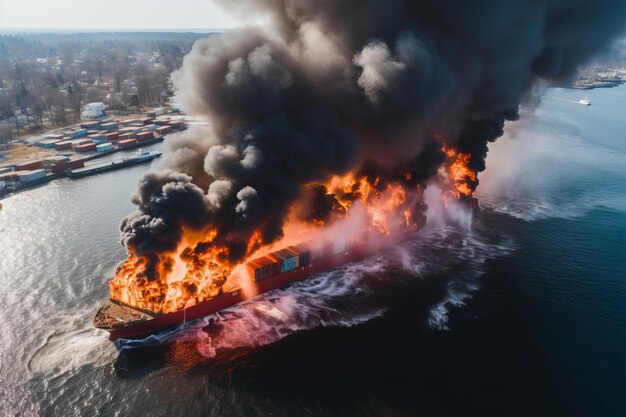 Vista aerea dell'esplosione di una nave cisterna in fiamme e fumo che si alza sulla scena del disastro