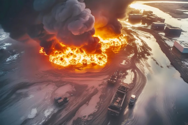 Vista aerea dell'esplosione di una nave da carico con fuoco e fumo Illustrazione generativa di AI