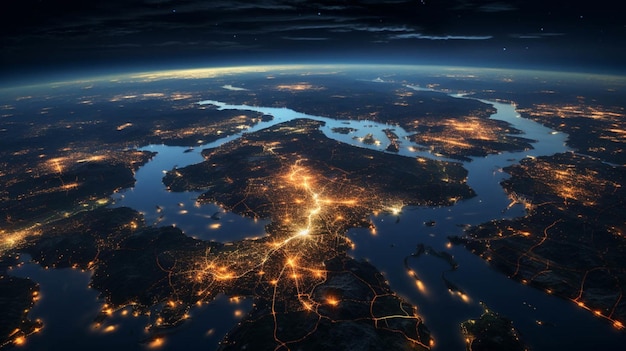 Vista aerea dell'Europa dallo spazio notturno Tecnologia della comunicazione con rete Internet globale collegata in Europa