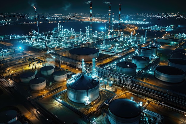 Vista aerea dell'impianto di raffineria di petrolio di notte