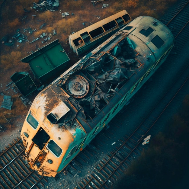 Vista aerea dell'incidente del treno passeggeri Carri rotti e locomotiva danneggiata ai generativa