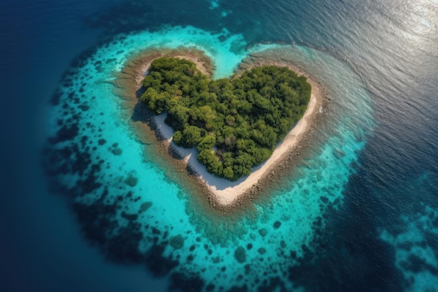 Vista aerea dell'isola a forma di cuore in mare IA generativa