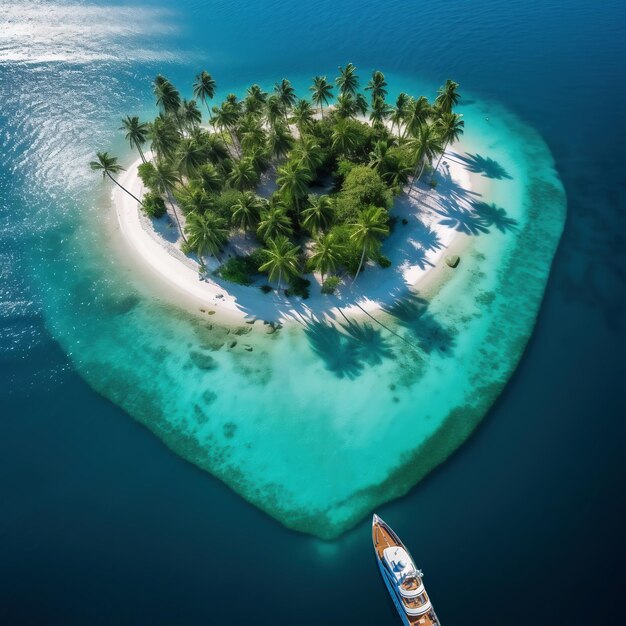 Vista aerea dell'isola tropicale a forma di cuore in mezzo all'oceano ai generato