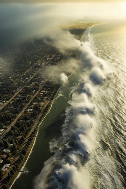 Vista aerea dell'uragano che si avvicina alla costa creata con l'IA generativa