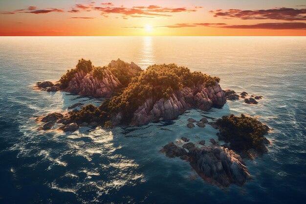 Vista aerea della bellissima isola nel mare al tramonto