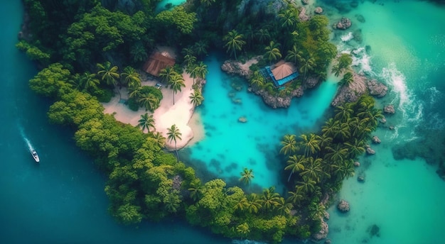 Vista aerea della bellissima isola tropicale con palme e mare turchese IA generativa