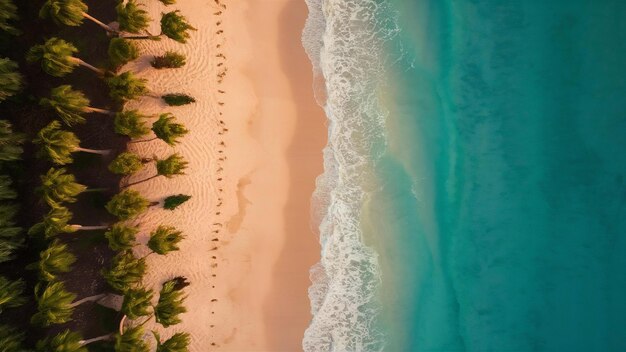 Vista aerea della bellissima spiaggia e del mare con la palma da cocco al tramonto