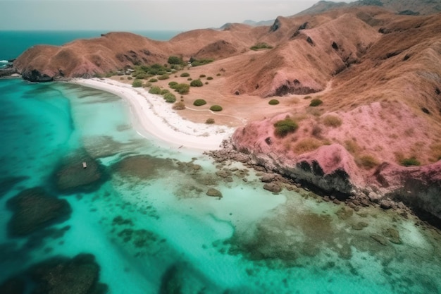 Vista aerea della bellissima spiaggia rosa parco nazionale di komodo indonesia con sabbia rosa e mare turchese