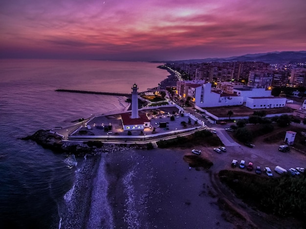 Vista aerea della città di Torrox, Costa del Sol, Malaga in Andalusia, Spagna al tramonto