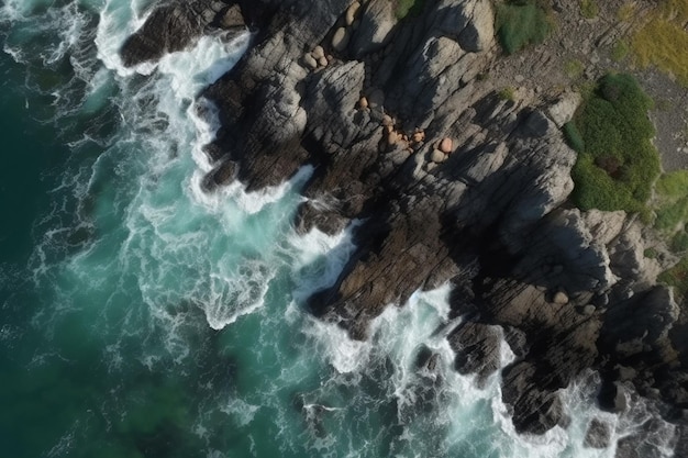 Vista aerea della costa con onde che si infrangono sugli scogli