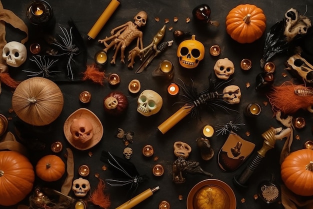 Vista aerea della decorazione di Happy Halloween Day sul tavolo Creato con strumenti di intelligenza artificiale generativa