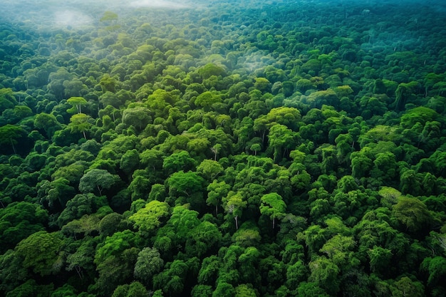 Vista aerea della fitta foresta con abbondante copertura arborea Densa foresta pluviale verde dell'Amazzonia vista dall'alto Generata dall'AI