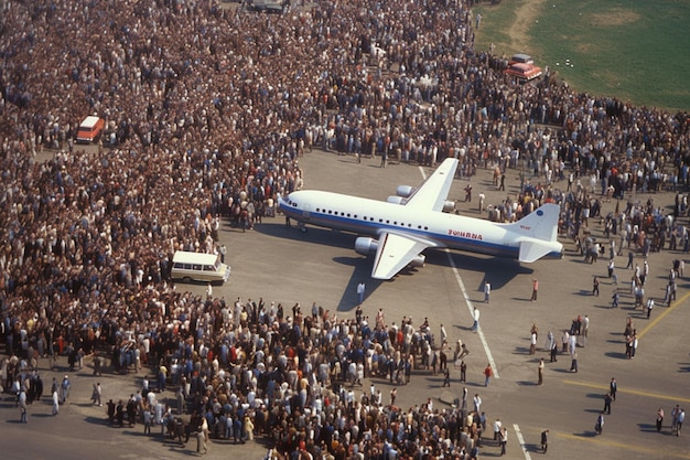 Vista aerea della folla con aereo