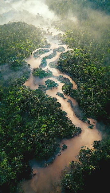 Vista aerea della foresta pluviale tropicale e del fiume Illustrazione 3D del paesaggio del concetto di clima e natura