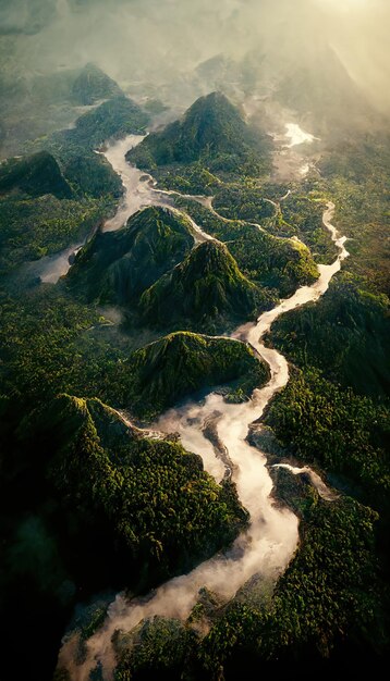 Vista aerea della foresta pluviale tropicale e del fiume Illustrazione 3D del paesaggio del concetto di clima e natura