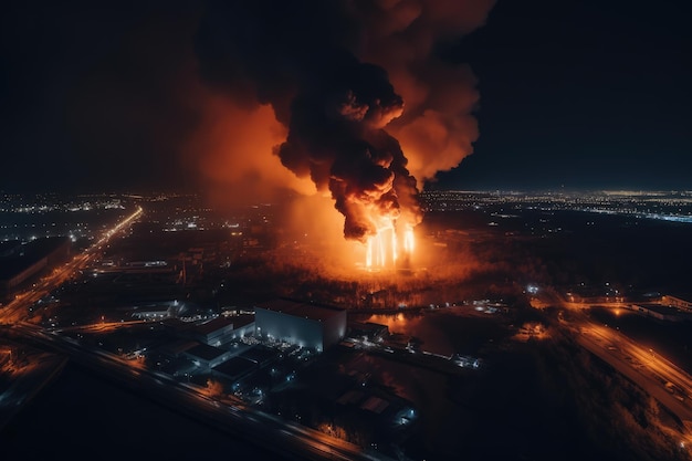 Vista aerea della grande esplosione e incendio della centrale elettrica Generative AI
