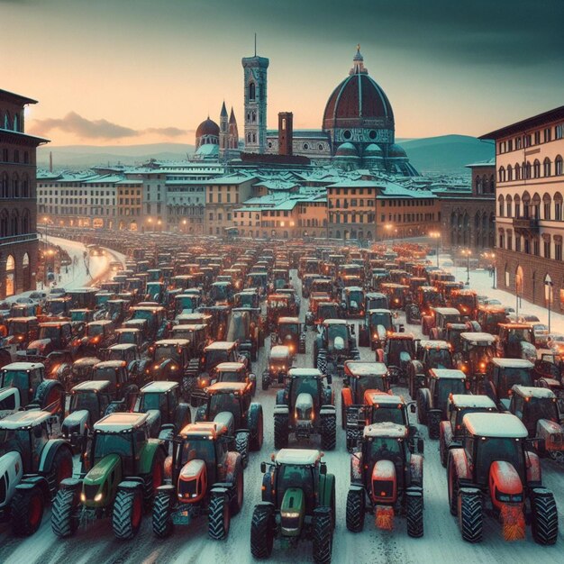 vista aerea della marcia del trattore e del camion dell'attivista contadino che raggiunge Firenze per la protesta agricola