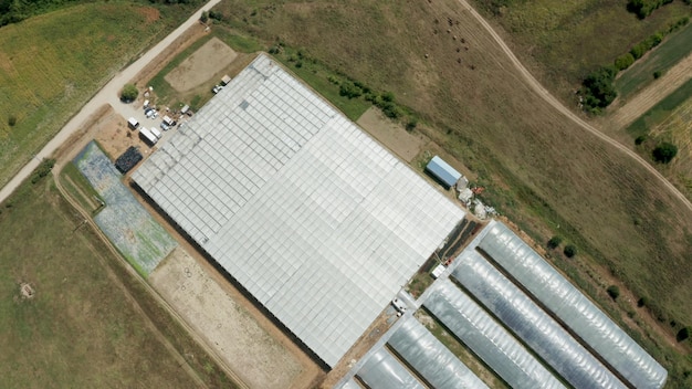 Vista aerea della piantagione di serra idroponica vuota riempita con insalata verde fresca biologica durante la produzione agricola. Consegna ortaggi al cliente come piantagione agronomica. Concetto agricolo