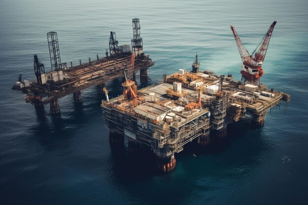 Vista aerea della piattaforma della stazione di costruzione di piattaforme petrolifere e di gas offshore sul mare Industria alla ricerca di combustibili ed energia processo di estrazione petrolio e gas naturale nell'oceano sotto il fondo marino