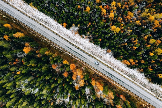 Vista aerea della prima foresta di colori autunnali della neve e di una strada con auto in Finlandia Lapponia