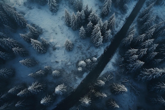 Vista aerea della remota strada della foresta invernale