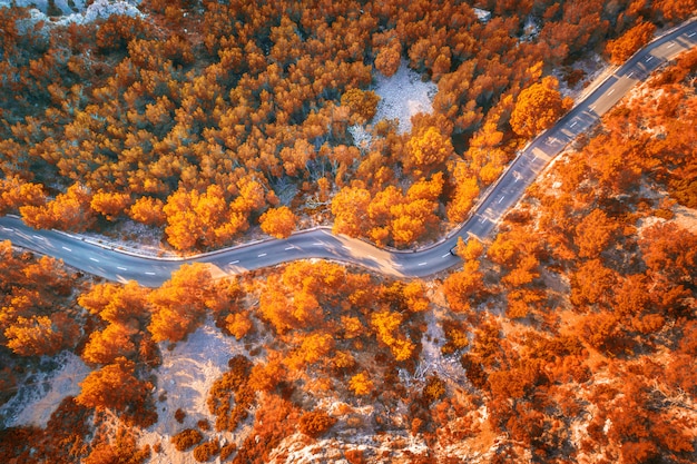 Vista aerea della strada della curva della montagna con le automobili, foresta arancio al tramonto in autunno