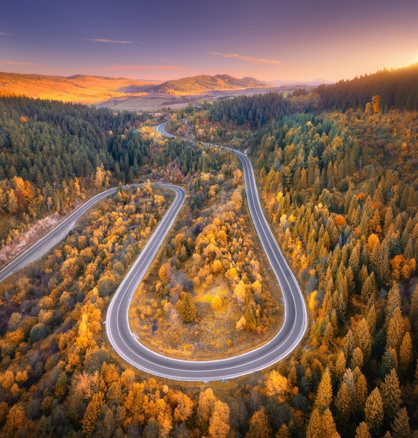 Vista aerea della strada di montagna nella foresta colorata al tramonto in autunno in Ucraina Vista dall'alto dal drone della strada nei boschi in autunno Bellissimo paesaggio con carreggiata in colline pini montagne Natura