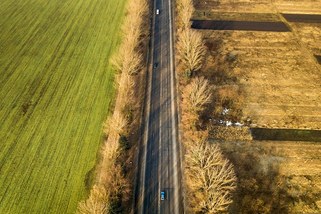 Vista aerea della strada diritta con auto in movimento, alberi e campi verdi in giornata di sole. Fotografia di droni.