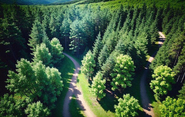 Vista aerea della strada nella foresta di conifere