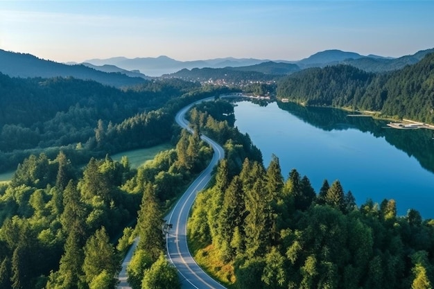 vista aerea della strada vicino alla foresta del lago blu all'alba in estate lago di sangue slovenia viaggio vista dall'alto di
