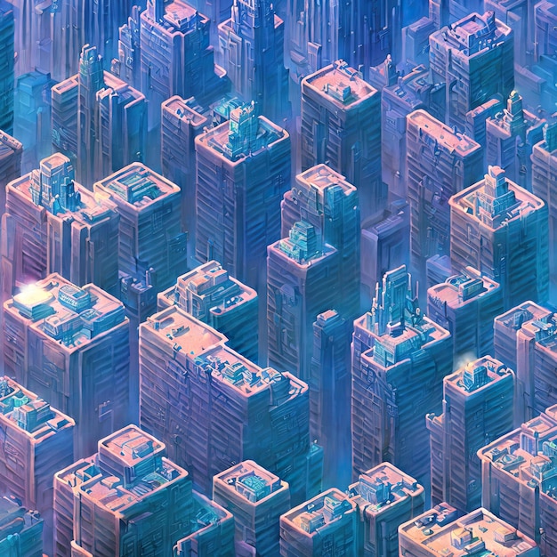 Vista aerea della terra cyberpunk stilizzata isometrica, trama, motivo
