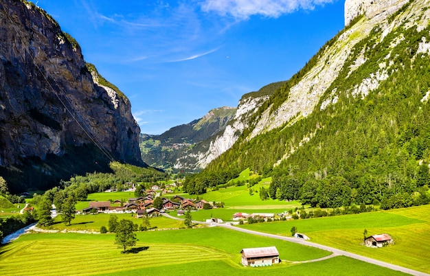 Vista aerea della valle di Lauterbrunnen a Stechelberg. Famosa meta di viaggio in Svizzera