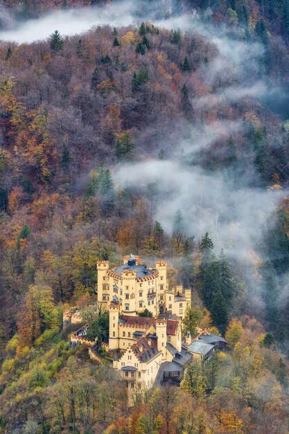 Vista aerea della vecchia costruzione gialla del castello bavarese di Hohenschwangau con una bella nebbia sulla foresta nella stagione di autunno