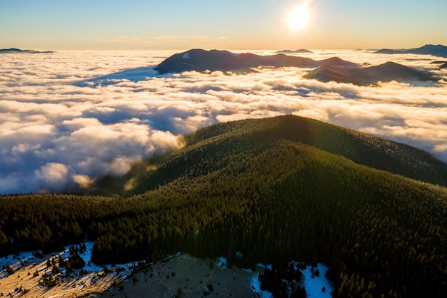 Vista aerea della vibrante alba sulle colline di montagna ricoperte di foreste di abeti rossi sempreverdi in autunno