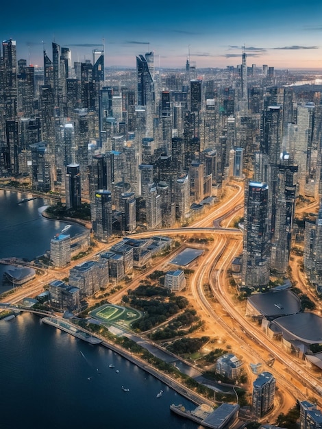 Vista aerea delle automobili sul ponte Taksin nel quartiere finanziario e degli edifici dei grattacieli nei trasporti