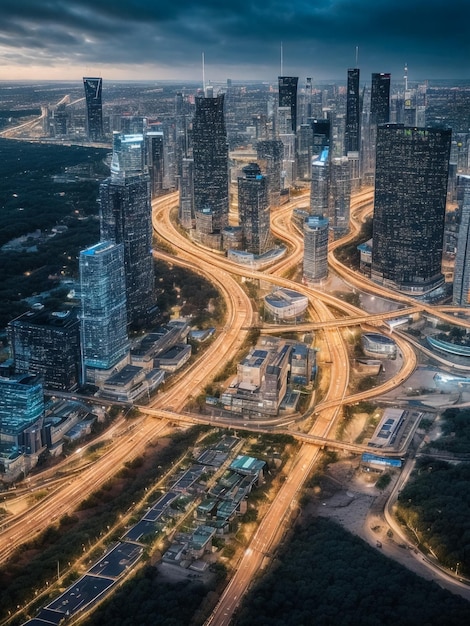 Vista aerea delle automobili sul ponte Taksin nel quartiere finanziario e degli edifici dei grattacieli nei trasporti