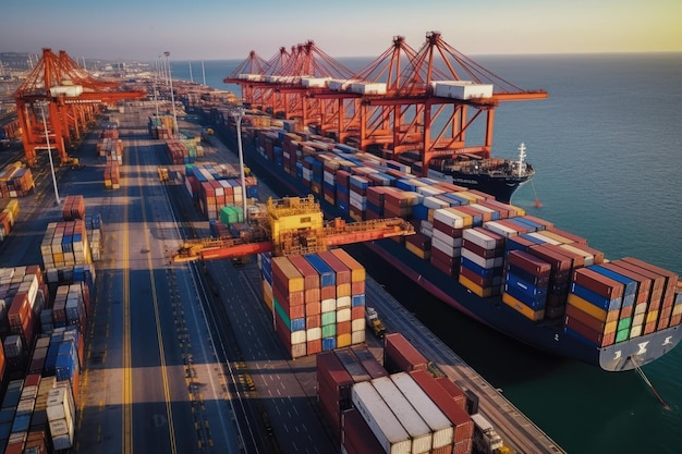 Vista aerea delle catene di approvvigionamento globali della logistica del terminal portuale del container