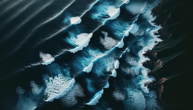 Vista aerea delle onde dell'oceano che incontrano una costa rocciosa stile artistico blu scuro e sfondo marrone concetto di bellezza della natura IA generativa