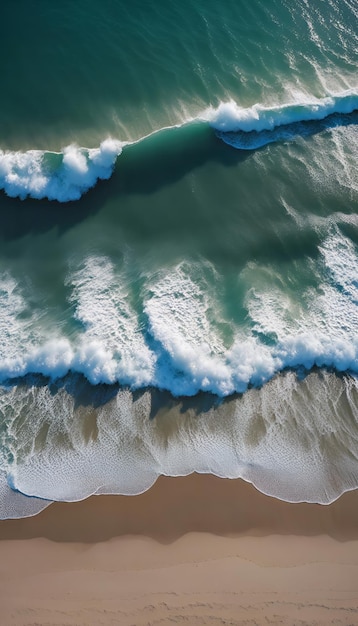 Vista aerea delle onde dell'oceano che si rompono sulla spiaggia sabbiosa