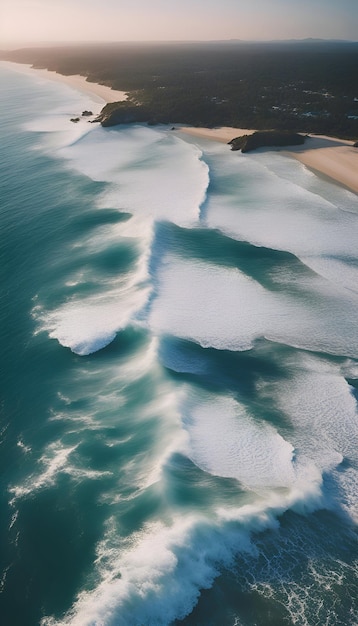 Vista aerea delle onde dell'oceano che si schiantano sulla spiaggia sabbiosa al tramonto