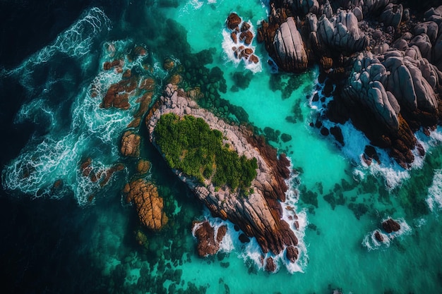 Vista aerea delle rocce coperte di verde e dell'acqua circostante