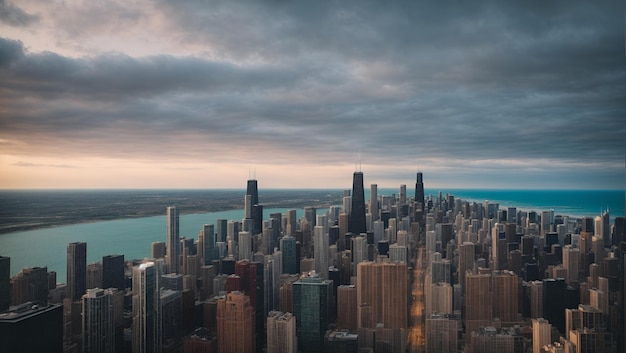 Vista aerea dello skyline di Chicago con grattacieli durante il tramonto